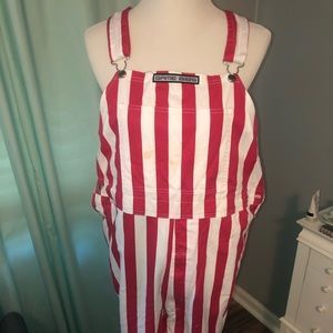 red/white or cream/crimson pin striped overalls